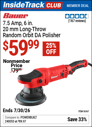 Harbor Freight BAUER 7.5 AMP, 6 IN., 20 MM LONG-THROW RANDOM ORBIT DA POLISHER coupon