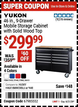 www.hfqpdb.com - YUKON 46 IN., 9-DRAWER MOBILE STORAGE CABINET WITH SOLID WOOD TOP Lot No. 56613/57439/57440/57805
