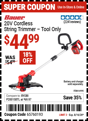 www.hfqpdb.com - BAUER 20V CORDLESS STRING TRIMMER &ndash; TOOL ONLY Lot No. 64995