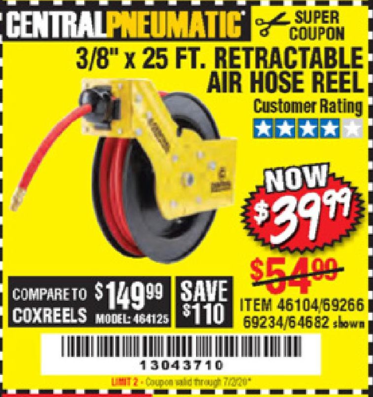 Harbor Freight Tools Coupon Database - Free coupons, 25 percent off coupons,  toolbox coupons - 3/8 X 25 FT. RETRACTABLE AIR HOSE REEL