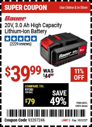 Harbor Freight 20V LITHIUM-ION CORDLESS 3AMP HOUR BATTERY coupon