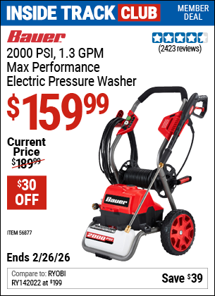 Harbor Freight BAUER 2000 PSI, 1.3 GPM MAX PERFORMANCE ELECTRIC PRESSURE WASHER coupon