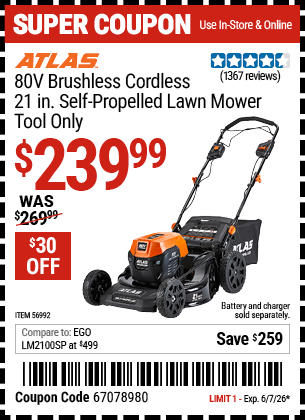 www.hfqpdb.com - ATLAS 80V BRUSHLESS CORDLESS, 21 IN. SELF-PROPELLED LAWN MOWER - TOOL ONLY Lot No. 56992