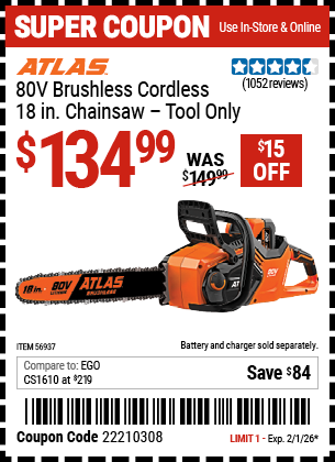 Harbor Freight ATLAS 80V BRUSHLESS CORDLESS, 18 IN. CHAINSAW – TOOL ONLY coupon