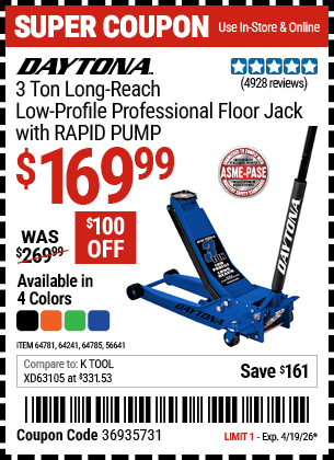Harbor Freight DAYTONA 3 TON LONG-REACH LOW-PROFILE PROFESSIONAL FLOOR JACK WITH RAPID PUMP coupon