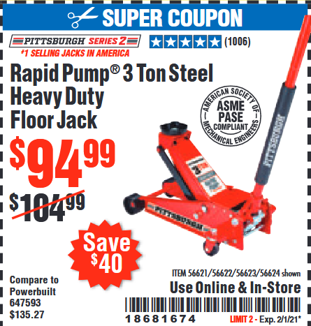 Harbor Freight Tools Coupon Database - Free coupons, 25 percent off coupons,  toolbox coupons - PITTSBURGH SERIES 2 RAPID PUMP 3 TON STEEL HEAVY DUTY  FLOOR JACK