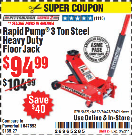 Harbor Freight Tools Coupon Database - Free coupons, 25 percent off coupons,  toolbox coupons - PITTSBURGH SERIES 2 RAPID PUMP 3 TON STEEL HEAVY DUTY  FLOOR JACK