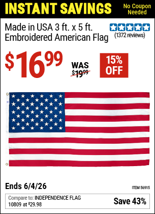 www.hfqpdb.com - BETSY FLAGS MADE IN USA 3 FT. X 5 FT. EMBROIDERED AMERICAN FLAG Lot No. 56915