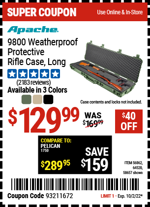 Harbor Freight APACHE 9800 WATERPROOF PROTECTIVE RIFLE CASES (BLACK/TAN) coupon