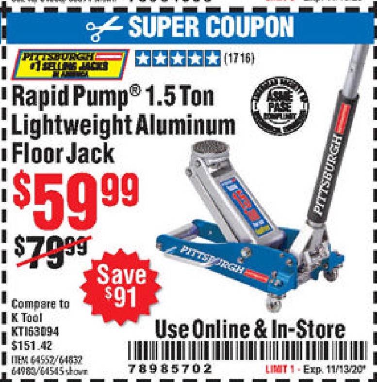 Harbor Freight Tools Coupon Database - Free coupons, 25 percent off coupons,  toolbox coupons - RAPID PUMP 1.5 TON LIGHTWEIGHT ALUMINUM FLOOR JACK