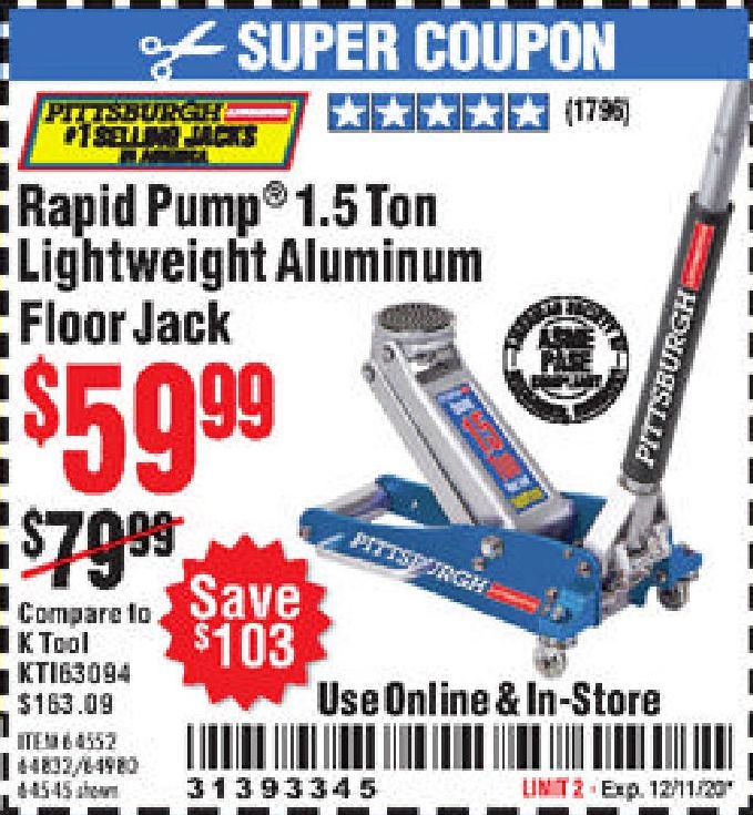 Harbor Freight Tools Coupon Database - Free coupons, 25 percent off coupons,  toolbox coupons - RAPID PUMP 1.5 TON LIGHTWEIGHT ALUMINUM FLOOR JACK