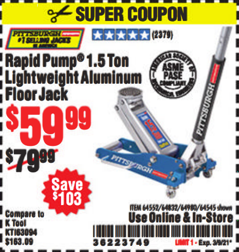 Harbor Freight Tools Coupon Database - Free coupons, 25 percent off  coupons, toolbox coupons - RAPID PUMP 1.5 TON LIGHTWEIGHT ALUMINUM FLOOR  JACK