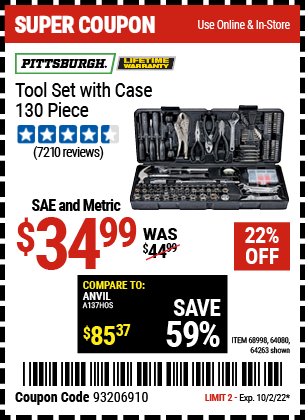 Harbor Freight PITTSBURGH TOOL KIT WITH CASE 130 PC. coupon