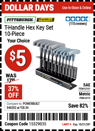 www.hfqpdb.com - PITTSBURGH T-HANDLE HEX KEY SET, 10-PIECE Lot No. 62161/62172