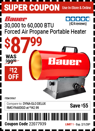 Harbor Freight BAUER 30,000 TO 60,000 BTU FORCED AIR PROPANE PORTABLE HEATER coupon
