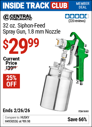 Harbor Freight CENTRAL PNEUMATIC 32 OZ. SIPHON-FEED SPRAY GUN, 1.8 MM NOZZLE coupon