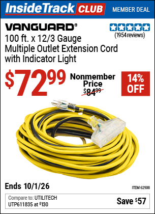 www.hfqpdb.com - VANGUARD 100 FT. X 12/3 GAUGE MULTIPLE OUTLET EXTENSION CORD WITH INDICATOR LIGHT, YELLOW, BLACK Lot No. 62908