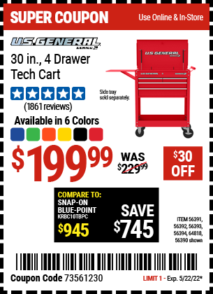 Harbor Freight U.S. GENERAL 30 IN., 4 DRAWER TECH CART coupon