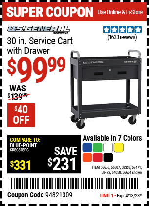 U.S. General 30 in. Service Cart with Drawer Black 56604