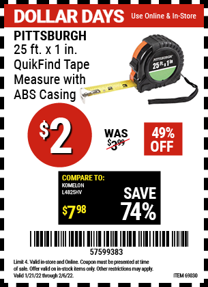 www.hfqpdb.com - PITTSBURGH 25FT. X 1IN. QUIKFIND TAPE MEASURE WITH ABS CASING Lot No. 69030
