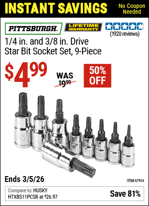 www.hfqpdb.com - PITTSBURGH 1/4 IN. AND 3/8 IN. DRIVE STAR BIT SOCKET SET, 9-PIECE Lot No. 67914