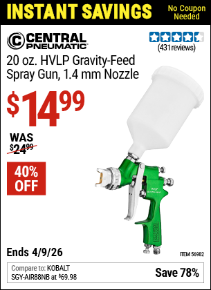 www.hfqpdb.com - CENTRAL PNEUMATIC 20 OZ. HVLP GRAVITY-FEED SPRAY GUN, 1.4 MM NOZZLE Lot No. 56982