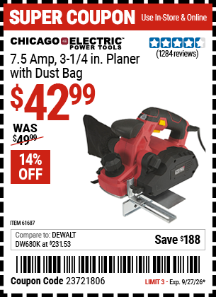www.hfqpdb.com - CHICAGO ELECTRIC POWER TOOLS 7.5 AMP, 3-1/4 IN. PLANER WITH DUST BAG Lot No. 61687