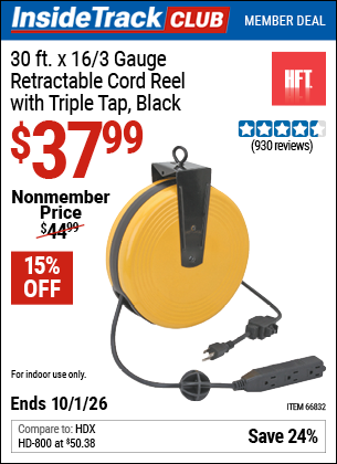 www.hfqpdb.com - HFT 30 FT. X 16/3 GAUGE RETRACTABLE CORD REEL WITH TRIPLE TAP, BLACK Lot No. 66832