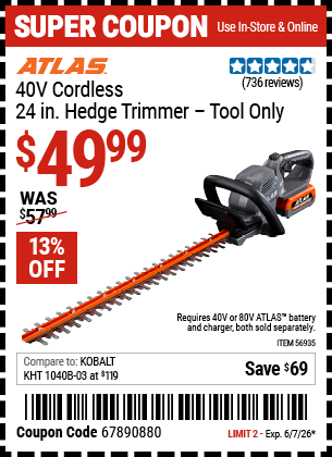 www.hfqpdb.com - ATLAS 40V CORDLESS, 24 IN. HEDGE TRIMMER- TOOL ONLY Lot No. 56935