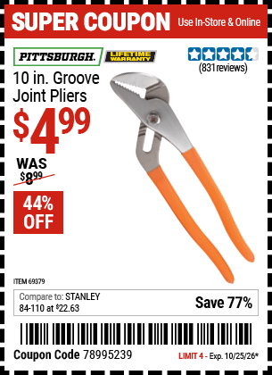 www.hfqpdb.com - PITTSBURGH 10 IN. GROOVE JOINT PLIERS Lot No. 69379