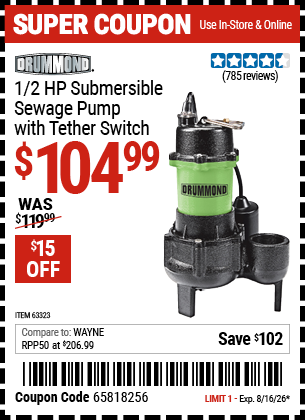 www.hfqpdb.com - DRUMMOND 1/2 HP SUBMERSIBLE SEWAGE PUMP WITH TETHER SWITCH Lot No. 63323