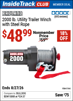 www.hfqpdb.com - BADLAND 2000 LB. UTILITY TRAILER WINCH WITH STEEL ROPE Lot No. 57365