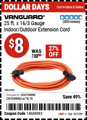www.hfqpdb.com - VANGUARD 25 FT. X 16/3 GAUGE INDOOR/OUTDOOR EXTENSION CORD, ORANGE Lot No. 62938