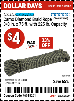 www.hfqpdb.com - HAUL-MASTER CAMO DIAMOND BRAID ROPE, 3/8 IN. X 75 FT. WITH 225 LB. CAPACITY Lot No. 47835