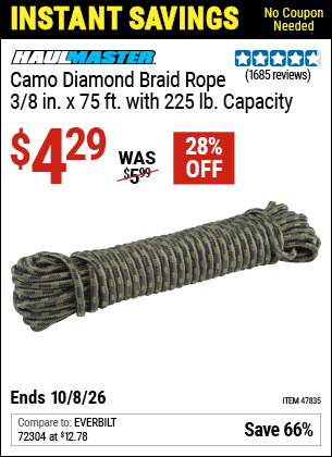 www.hfqpdb.com - HAUL-MASTER CAMO DIAMOND BRAID ROPE, 3/8 IN. X 75 FT. WITH 300 LB. CAPACITY Lot No. 47835