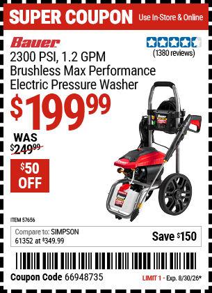 Harbor Freight BAUER 2300 PSI, 1.2 GPM BRUSHLESS MAX PERFORMANCE ELECTRIC PRESSURE WASHER coupon