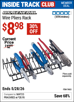 www.hfqpdb.com - U.S. GENERAL WIRE PLIERS RACK Lot No. 70022