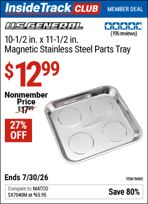 www.hfqpdb.com - U.S. GENERAL 10-1/2 IN. X 11-1/2 IN. MAGNETIC STAINLESS STEEL PARTS TRAY Lot No. 56802