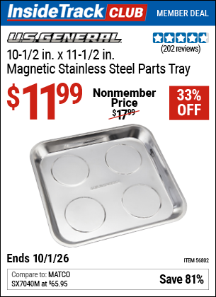 www.hfqpdb.com - U.S. GENERAL 10-1/2 IN. X 11-1/2 IN. MAGNETIC STAINLESS STEEL PARTS TRAY Lot No. 56802