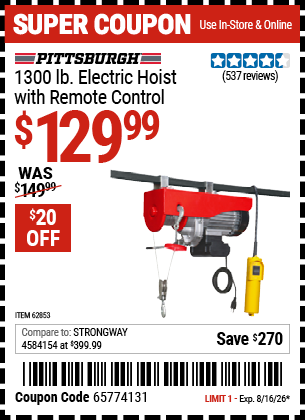 www.hfqpdb.com - PITTSBURGH 1300 LB. ELECTRIC HOIST WITH REMOTE CONTROL Lot No. 62853