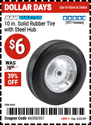 www.hfqpdb.com - HAUL-MASTER 10 IN. SOLID RUBBER TIRE WITH STEEL HUB Lot No. 35459