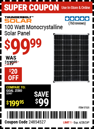 www.hfqpdb.com - THUNDERBOLT 100 WATT MONOCRYSTALLINE SOLAR PANEL Lot No. 57325