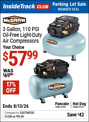 www.hfqpdb.com - MCGRAW 3 GALLON, 110 PSI OIL-FREE LIGHT-DUTY AIR COMPRESSOR Lot No. 57567/57572