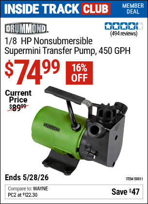 www.hfqpdb.com - DRUMMOND 1/8 HP NONSUBMERSIBLE SUPERMINI TRANSFER PUMP, 450 GPH Lot No. 58011