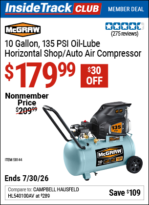 www.hfqpdb.com - MCGRAW 10 GALLON, 135 PSI OIL-LUBE HORIZONTAL SHOP/AUTO AIR COMPRESSOR Lot No. 58144