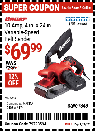 www.hfqpdb.com - BAUER 10 AMP, 4 IN. X 24 IN. VARIABLE-SPEED BELT SANDER Lot No. 64530