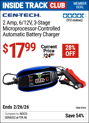 www.hfqpdb.com - CEN-TECH 2 AMP , 6V/12V, 3-STAGE MICROPROCESSOR-CONTROLLED AUTOMATIC BATTERY CHARGER Lot No. 57015