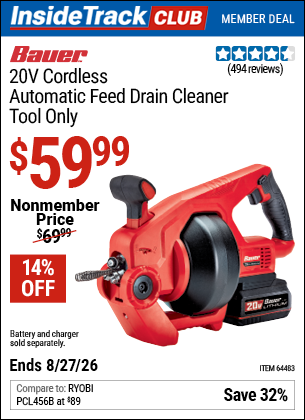 www.hfqpdb.com - BAUER 20V CORDLESS AUTOMATIC FEED DRAIN CLEANER - TOOL ONLY Lot No. 64483