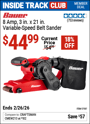 www.hfqpdb.com - BAUER 8 AMP, 3 IN. X 21 IN. VARIABLE-SPEED BELT SANDER Lot No. 57587