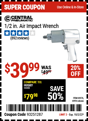 Harbor Freight CENTRAL PNEUMATIC 1/2 IN. AIR IMPACT WRENCH coupon